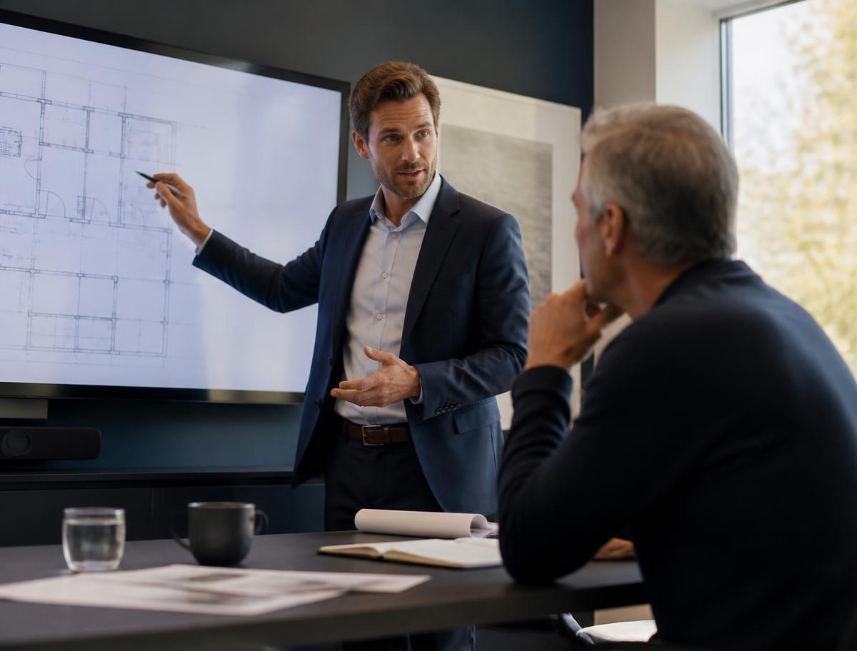 Consultor explicando las fases de un expediente de subvención a un cliente